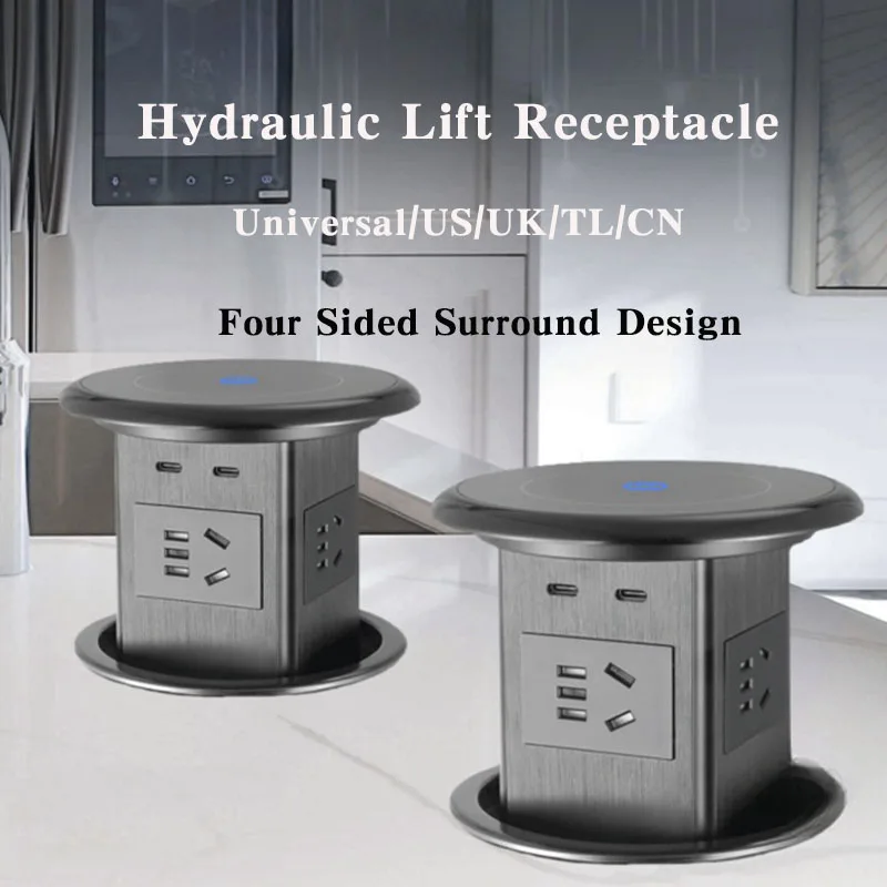 Hydraulic Lift Receptacle Wireless Charge USB Type-C, Universal/US/UK/TL Automatic Lifting Anti-pinch Protection Outlet Desktop