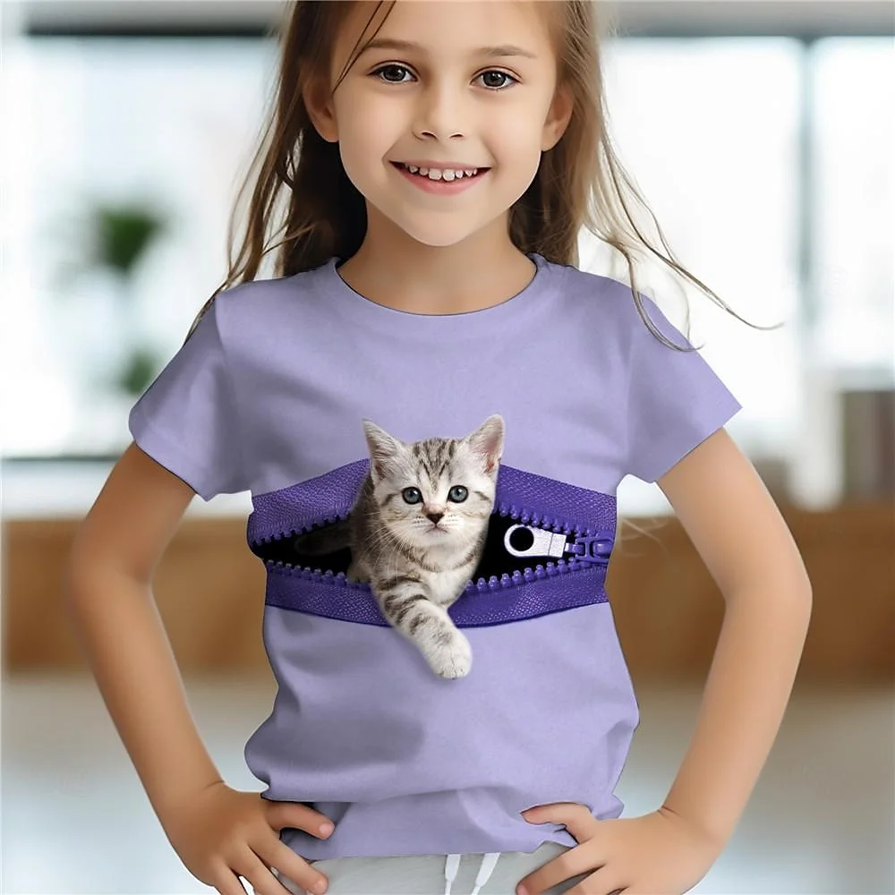 Kids T Shirt 3d Printed Fun Children's Cat Animal Baby Girl Summer Short Sleeve