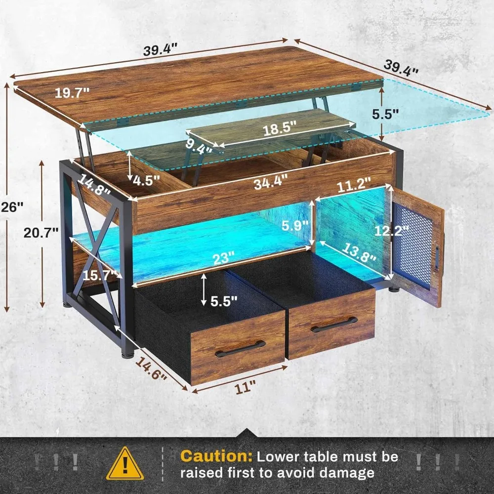 4 in 1 Coffee Tables with Storage Cabinet for Living Room, Small Farmhouse Coffee Table with 2 Fabric Drawers & LED Light 2