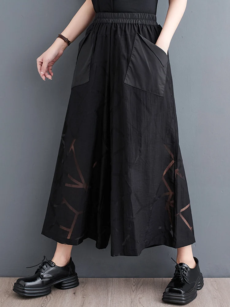 Black Vintage High Waist Wide Leg Pants Women Fashion Hollow Out Pocket Loose Casual Ladies Trousers Streetwear New Summer 2025
