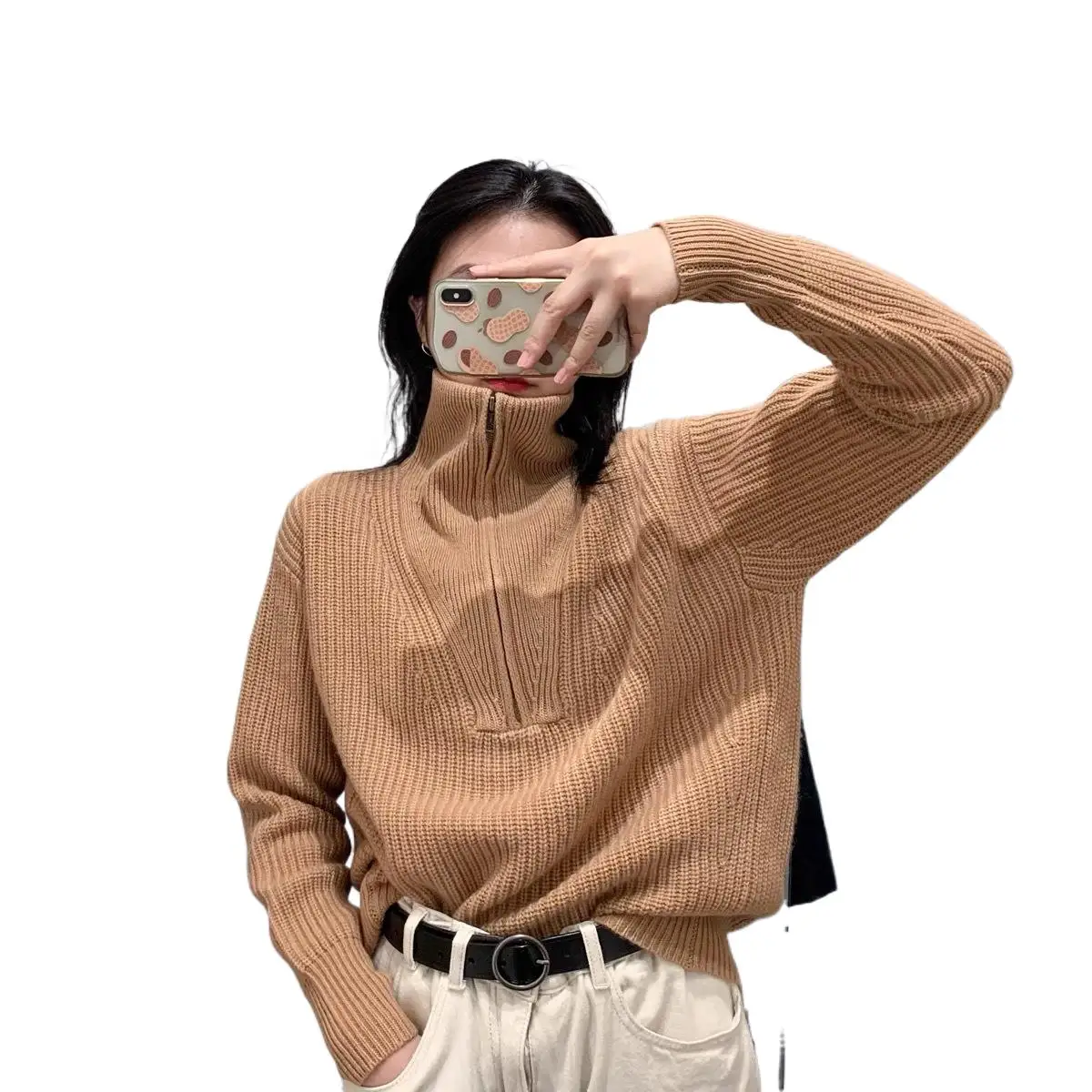

Women's Sweaters Autumn Winter New Thick Half Zipper Full Wool Knitted Sweater Jacket 08