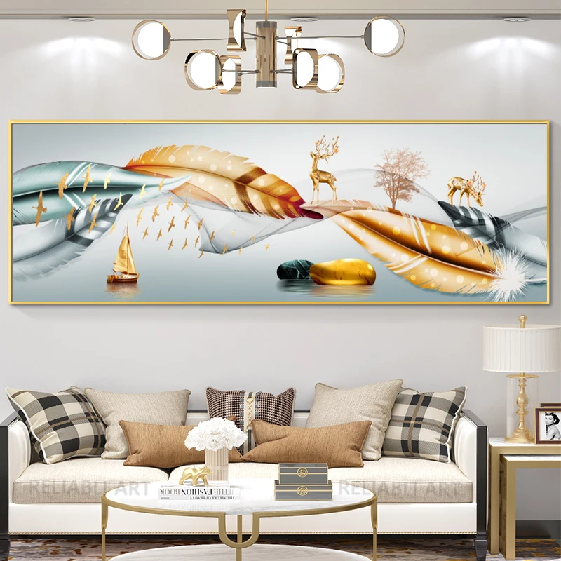 New Chinese Abstract Golden Feathers Canvas Painting Gold Deer Tree Line Ribbon Poster E Stampe Wall Art Living Room Decor