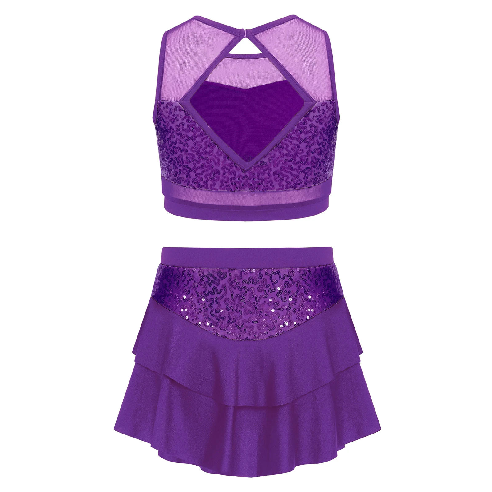 Kinder Mädchen Glänzende Pailletten Cheerleading-Uniform Cheerleader Ballett Jazz Tanz Performance-Kostüm Crop-Top mit Stufenrock für – Detail 21