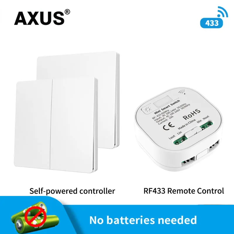 

AXUS Wireless Remote Control Switch No Battery RF433Mhz Self-Powered Waterproof Light Switch 16A AC 85V-240V 60HZ/50HZ Receiver