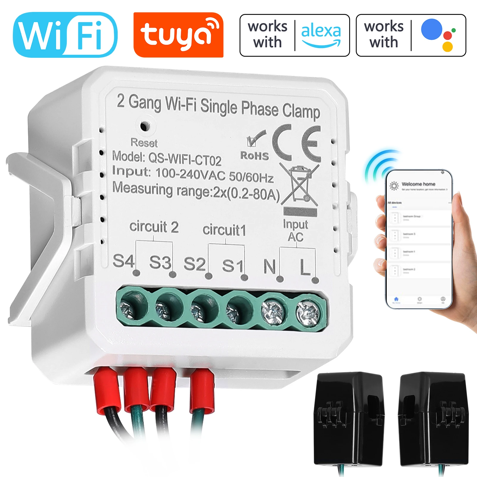 Tuya WiFi Solar Photovoltaic Energy Meter 80A Home Single Phase Bidirectional Metering Meter with 2 Gang Current Transformer