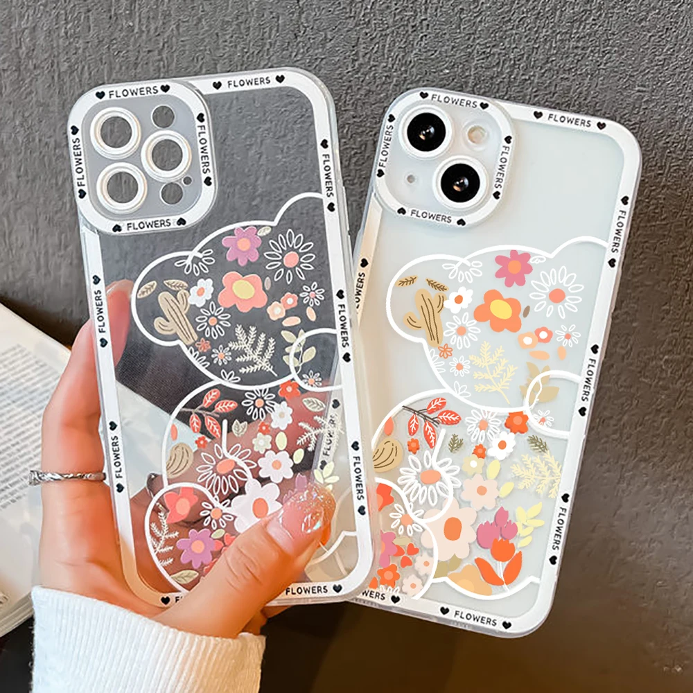 Flower Cute Bear Clear Case Per Samsung Galaxy S22 S23 Ultra A53 A52S 5G A52 A54 A13 A12 A71 A73 A32 S21 Fe A51 A50S A30S Cover