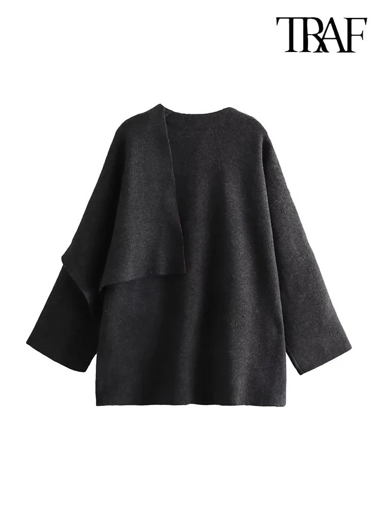 TRAF Women's Fashion Fall Winter Chic Scarf Jacket Long Sleeve Knitted Asymmetric Jacket Sexy Split Hem Loose Short Jacket 4