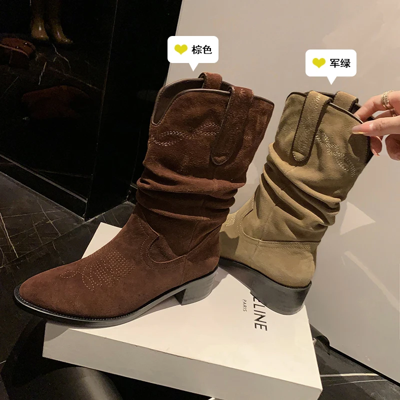 

2023 Autumn women ankle boots natural leather 22-24.5cm cow suede+pigskin Western Boots pointed toe embroider modern boots