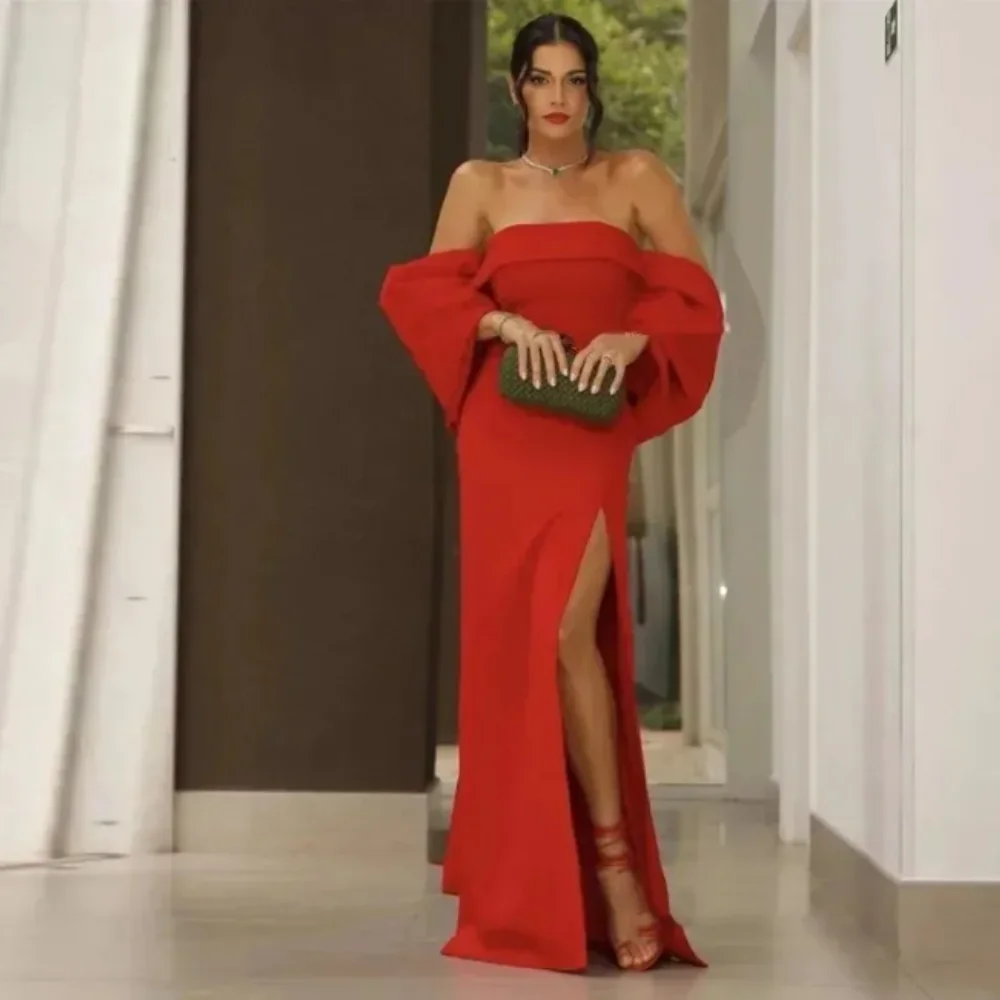 Glitter Red Mermaid Evening Dresses Long,Side Slit Back Open Gala Dress,Celebrity Dress Y196