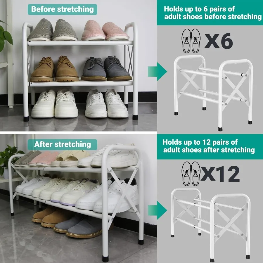 2Tier Free Standing Shoe Racks White Shoe Storage Rack Metal Shoe Storage Shelf for 12 Pairs of Shoes