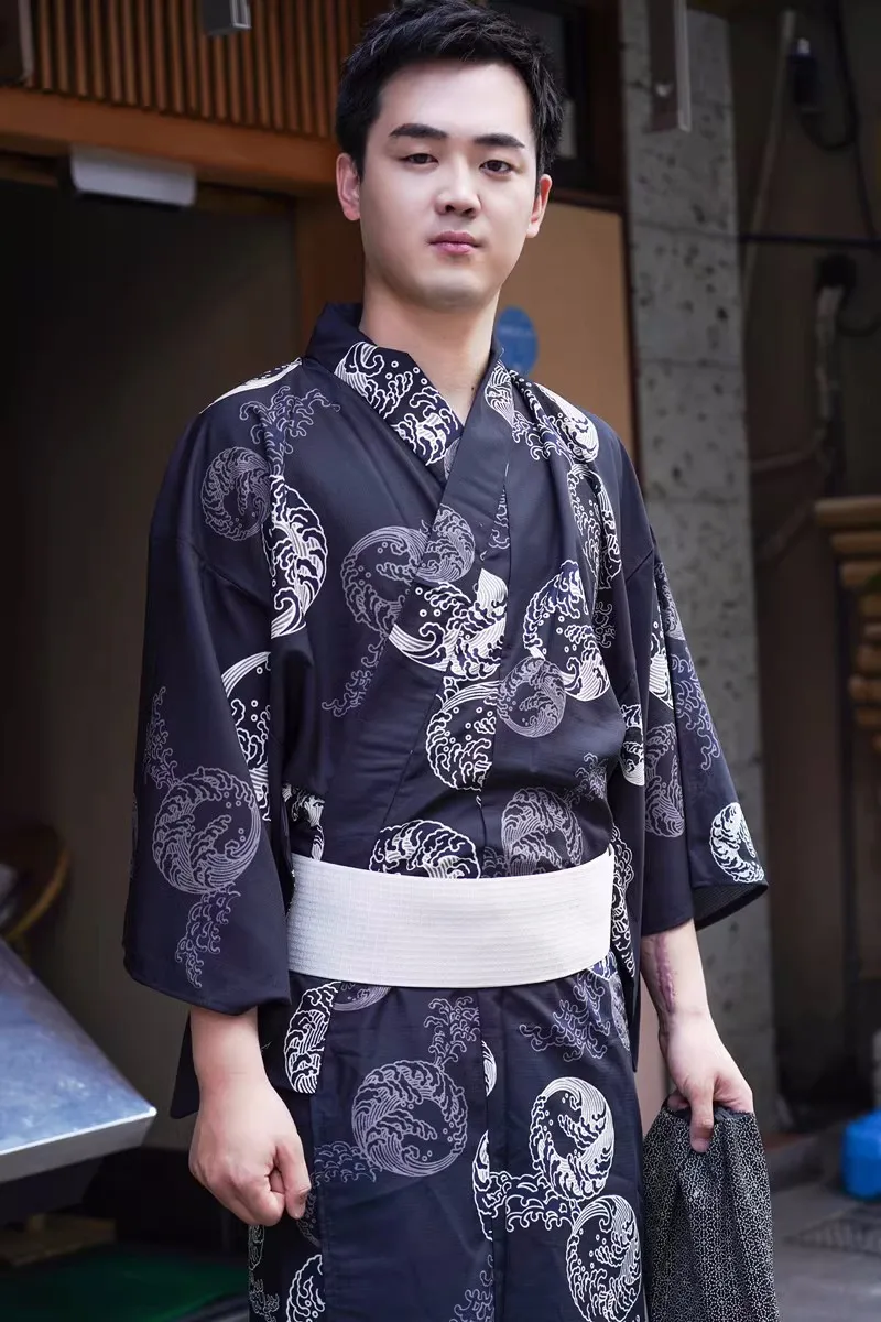 Men's Traditional Kimono Samurai Set Summer Festival Yukata Ukiyo-e Waves  Japanese Style No fading No Wrinkles One Size 5PCS - AliExpress