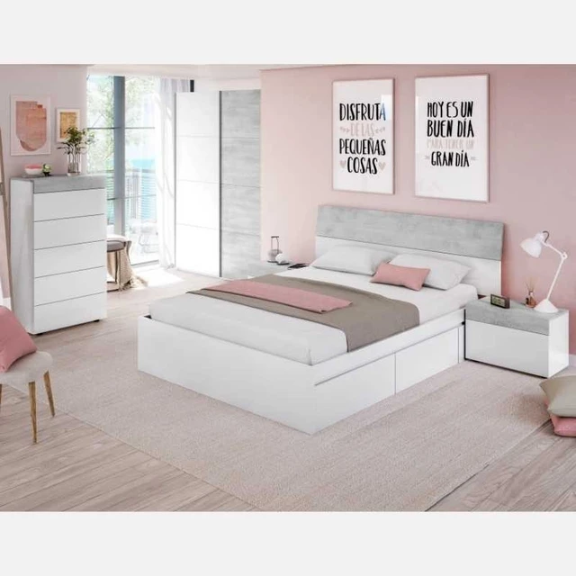 Dormitorio Matrimonio Completo Color Blanco y Cemento (Cama + cabecero +  cómoda + Armario) SOMIER Incluido - AliExpress