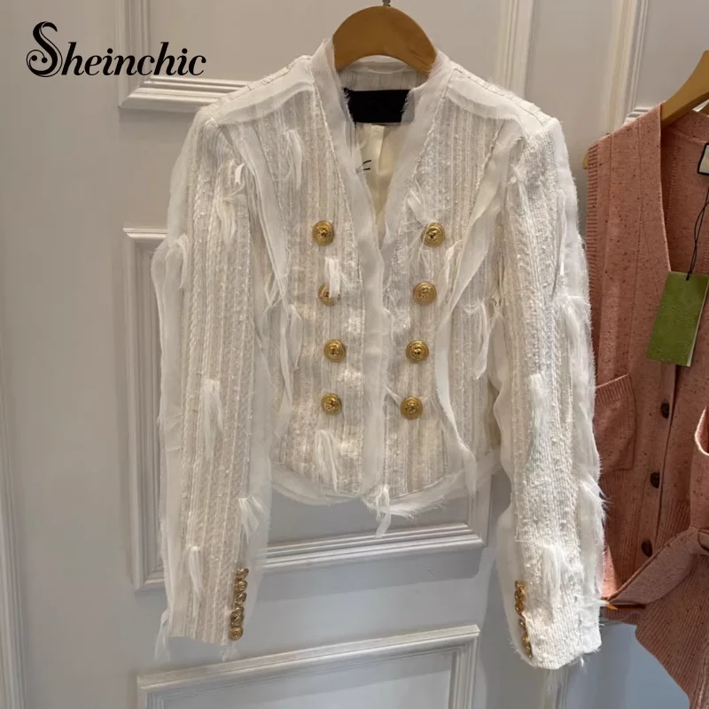 

Korean Fashion Tassel Jacket for Women 2023 Spring Autumn Elegant V-neck Double Breasted Chaqueta Mujer New In Outerwears
