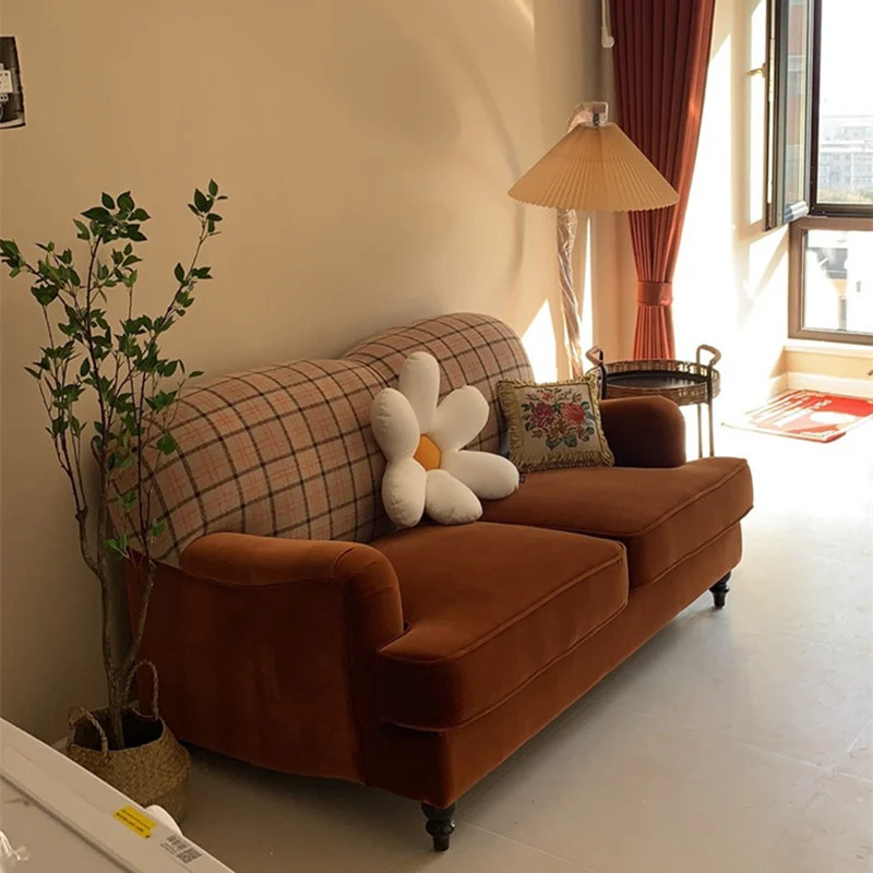 

Checked Cloth Art Sofa American Mid-Ancient Furniture Designer Velvet Color Matching Bed & Breakfast Double Sofa