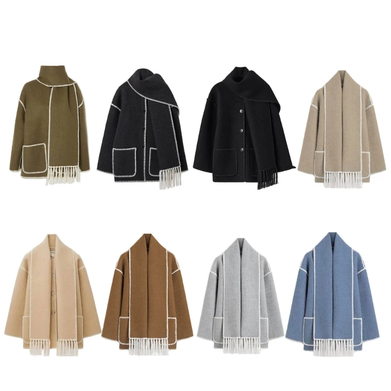 

Elegant Loose Women Coat With Scarf Fashion Long Sleeve Pocket Single Breasted