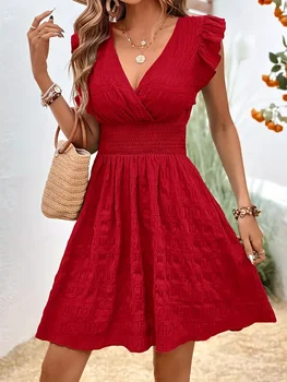 Elegant directional textured fabric waist-tied A-line ruffled sleeve dress
