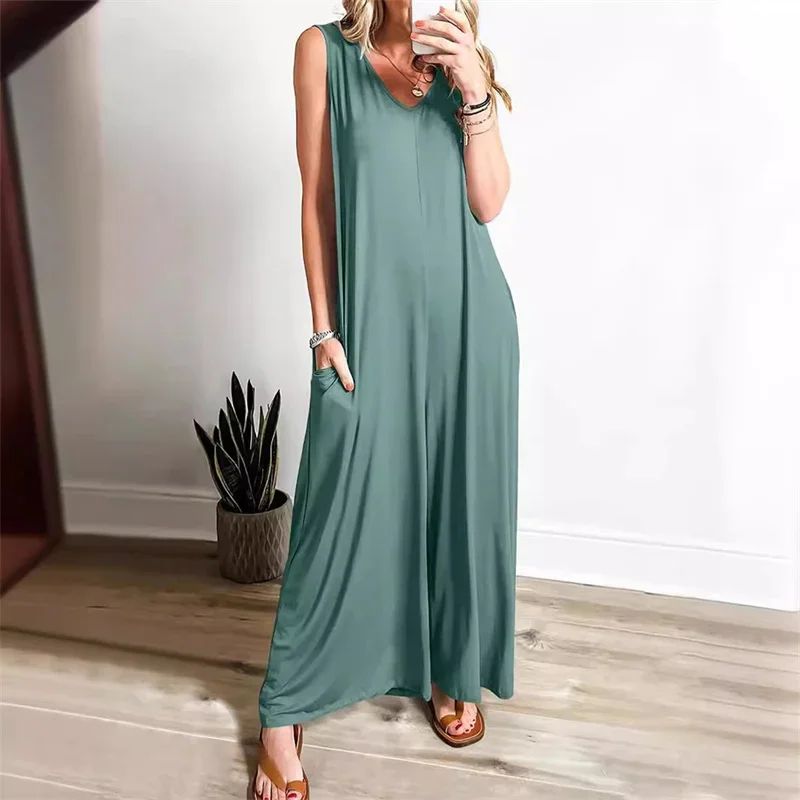Women Solid Color V Neck Jumpsuit Wide Leg Floor-length Pants Female Summer Casual Thin Double Pockets Sleeveless Loose Rompers