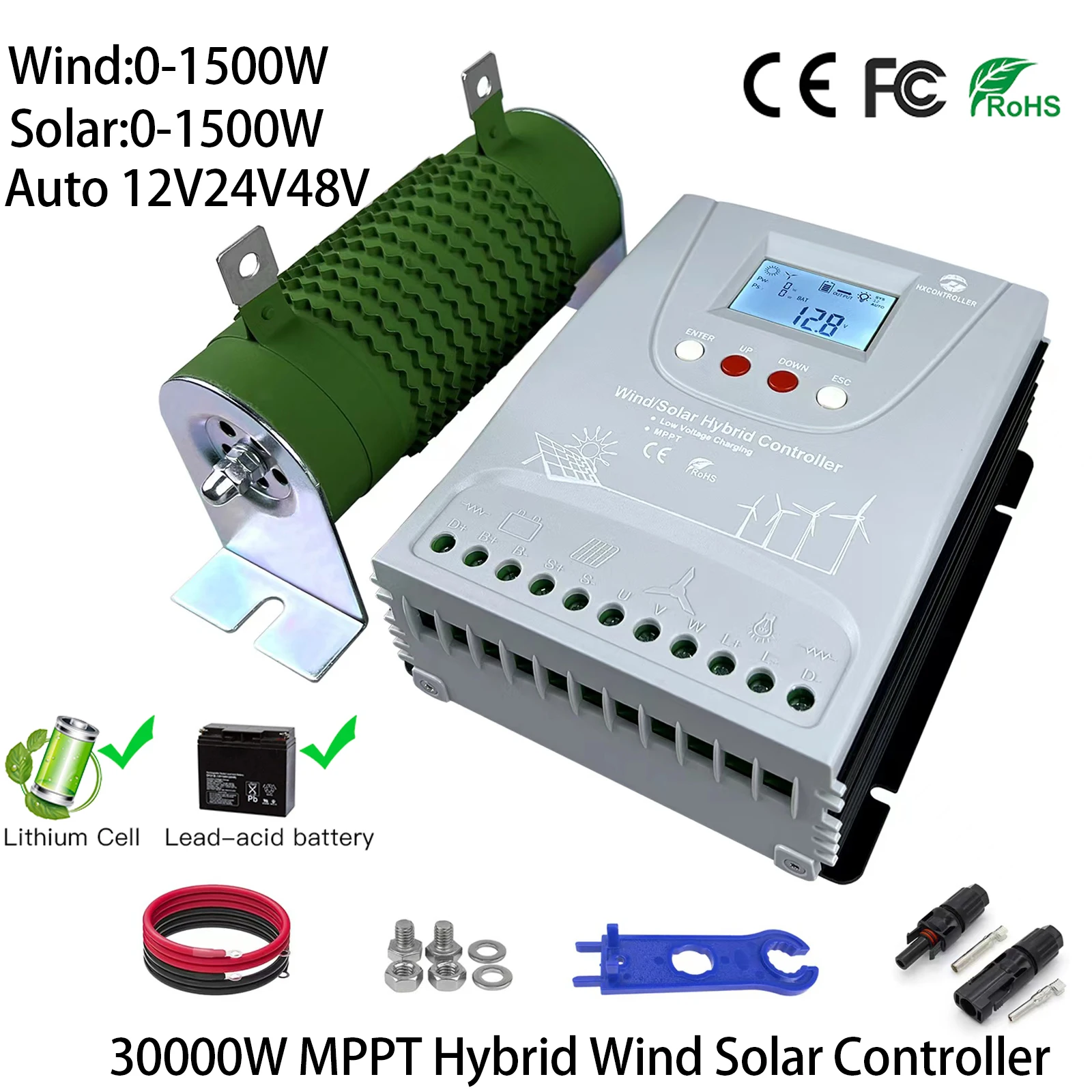 

2000W 12V 24V 48V MPPT Hybrid Solar Controller Wind Turbine Battery Equalizer With Dump Load LCD Display For Lifepo4 All Battery