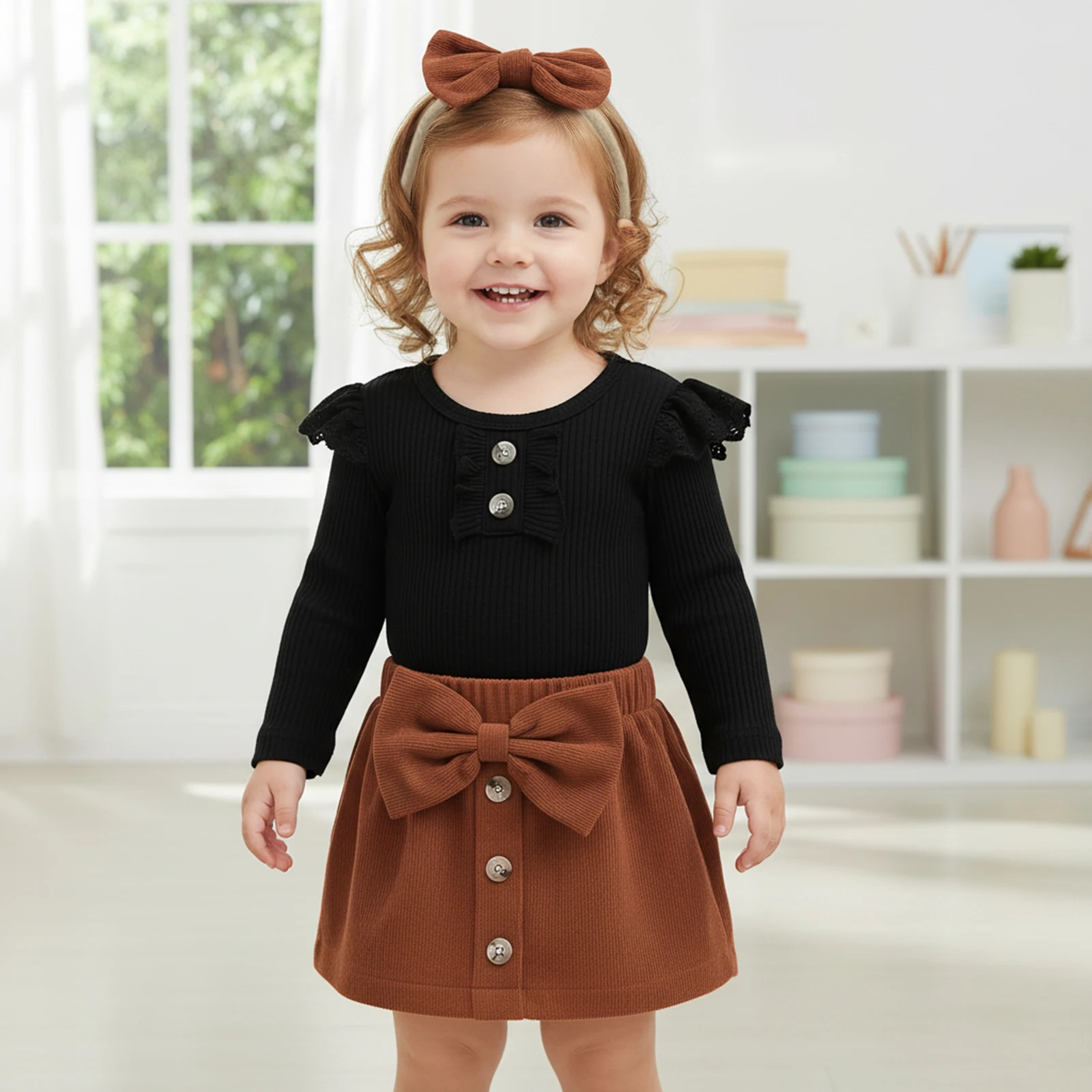 Baby Girls 3-piece Outfit, Long Sleeve Romper with Mini Skirt Bowknot Headband Fall Outfit 2