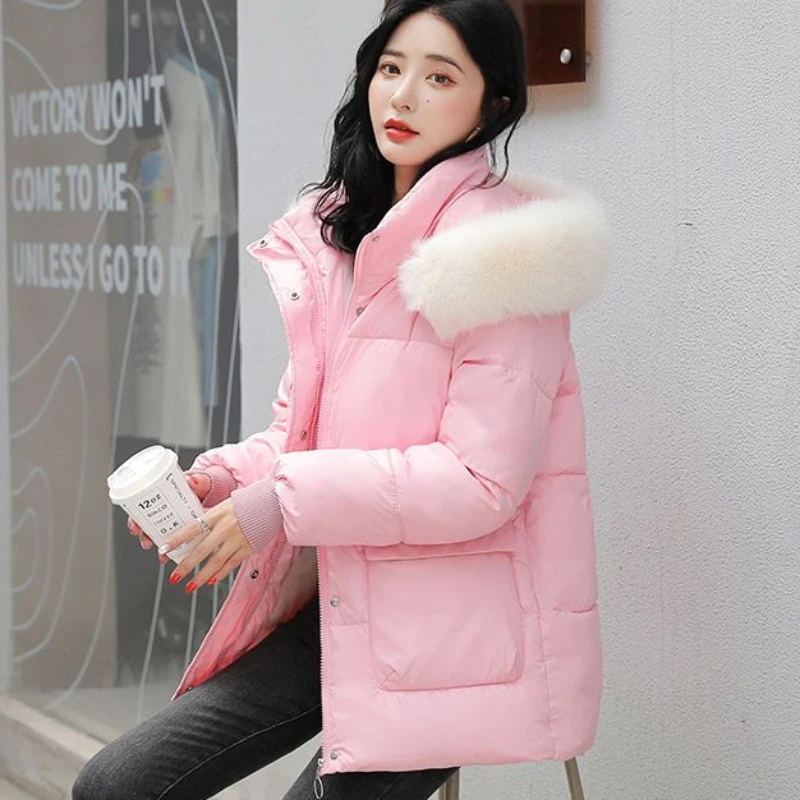 2023 New Women Cotton Coat Winter Jacket Female Slim-Fit Short Outwear Big Fur Collar Detachable Parkas Warm hooded Outcoat