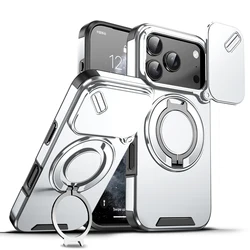360 Magnetic Ring Holder Case with Sliding Window Camera Protection Cover - iPhone 15 Plus (Silver)
