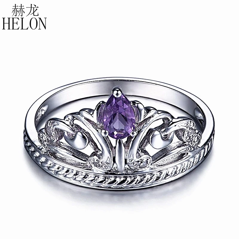 

HELON Solid 14k 10k White Gold Crown Shape Pear Cut 3x4mm Natural Amethyst Diamond Women Gemstone Fine Jewelry Engagement Ring