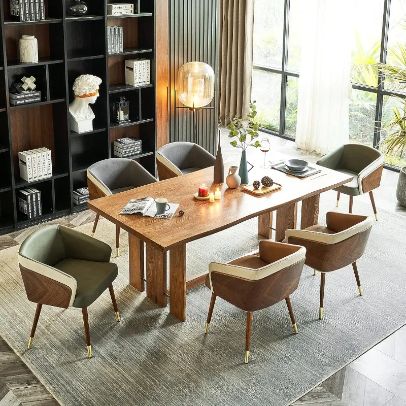 Dining Accent Chair,Modern Faux Leather with Walnut, Mid Century Eucalyptus Upholsted Retro Arm Chair 3