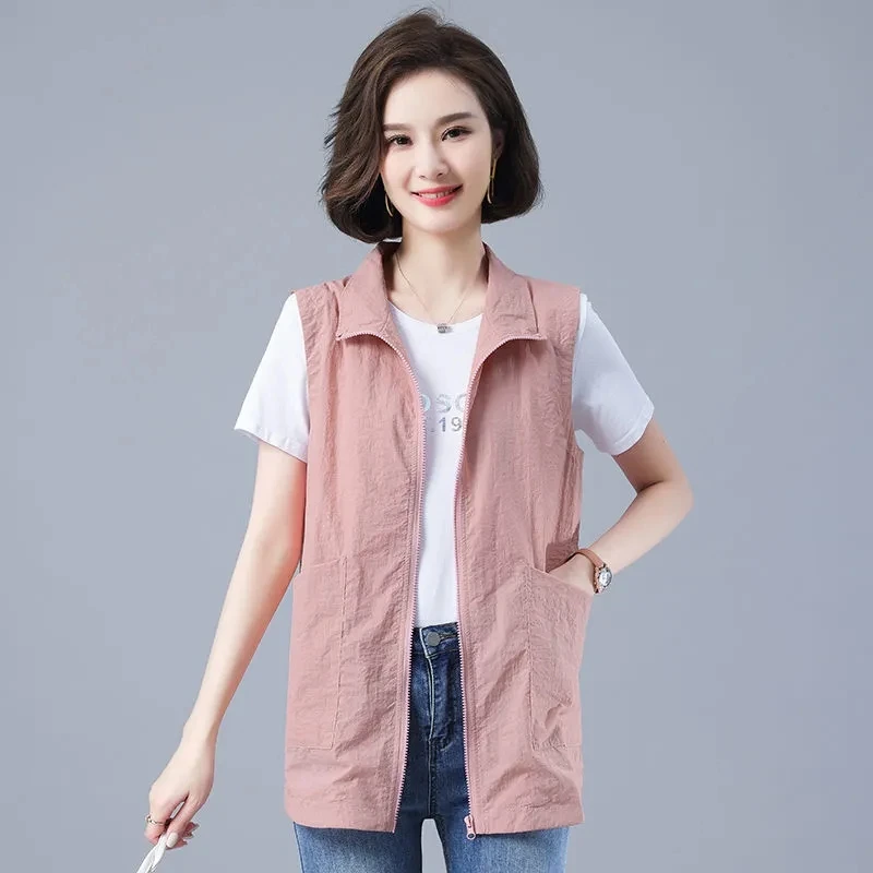 2023 Summer Liner Sun Protection Clothes Women Casual Thin Pink Vest Large Size 4XL Sleeveless Jacket  Short Zipper Waistcoat