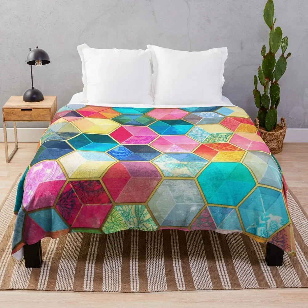 

С кристаллами в богемном стиле сотовые Кубики-красочное шестигранное узор, теплое пушистое лоскутное одеяло, одеяла для кровати