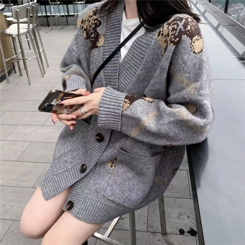 

Женский вязаный кардиган, красный, черный, серый повседневный свободный свитер с длинным рукавом, джемпер