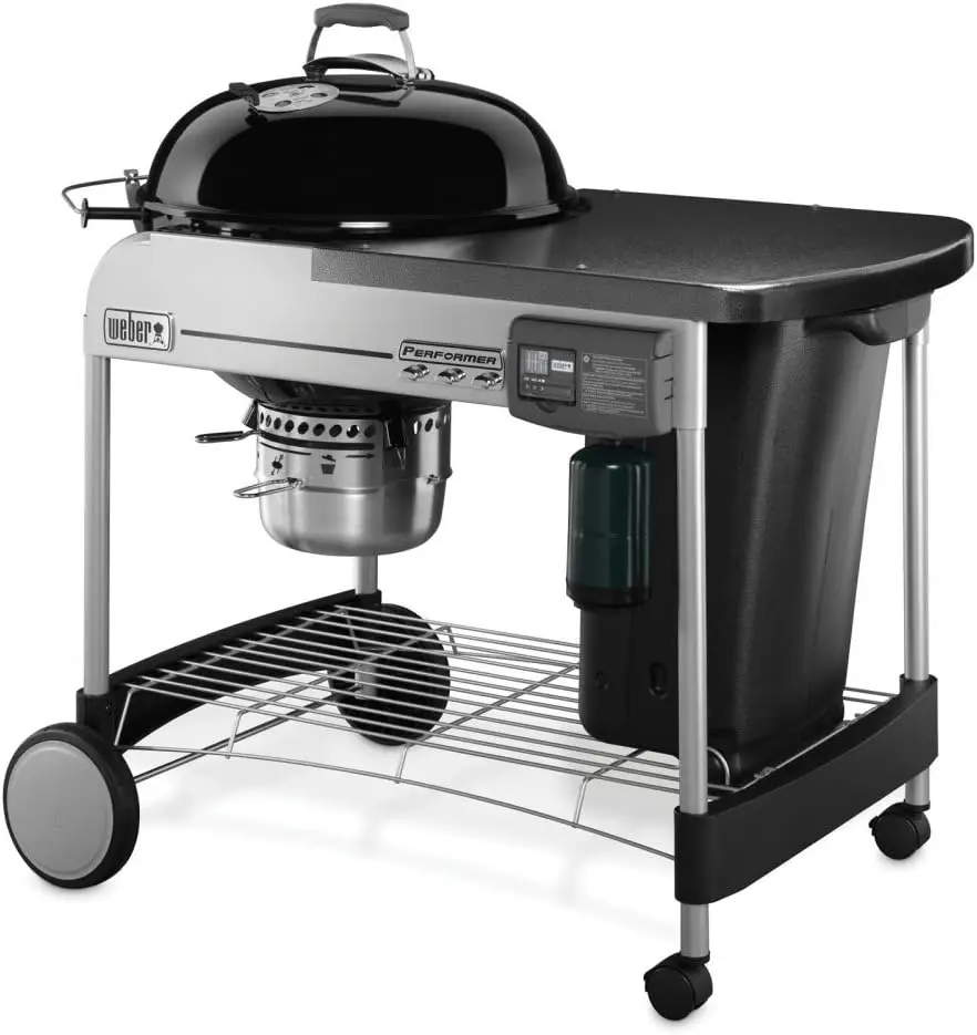 Performer Deluxe Charcoal Grill, 22-InchTouch-N-Go Gas Ignition System,Detachable LCD cooking timer and built-in lid thermometer