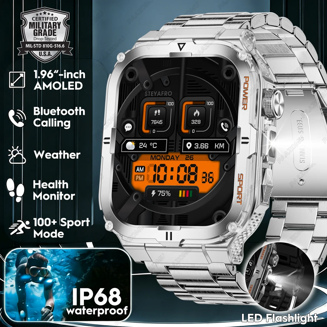 2026 New Men's Smart Watch LED Flashlight IP68 Waterproof Outdoor Sports Wristwatch Health Monitor Smart Watch for IOS Android 1