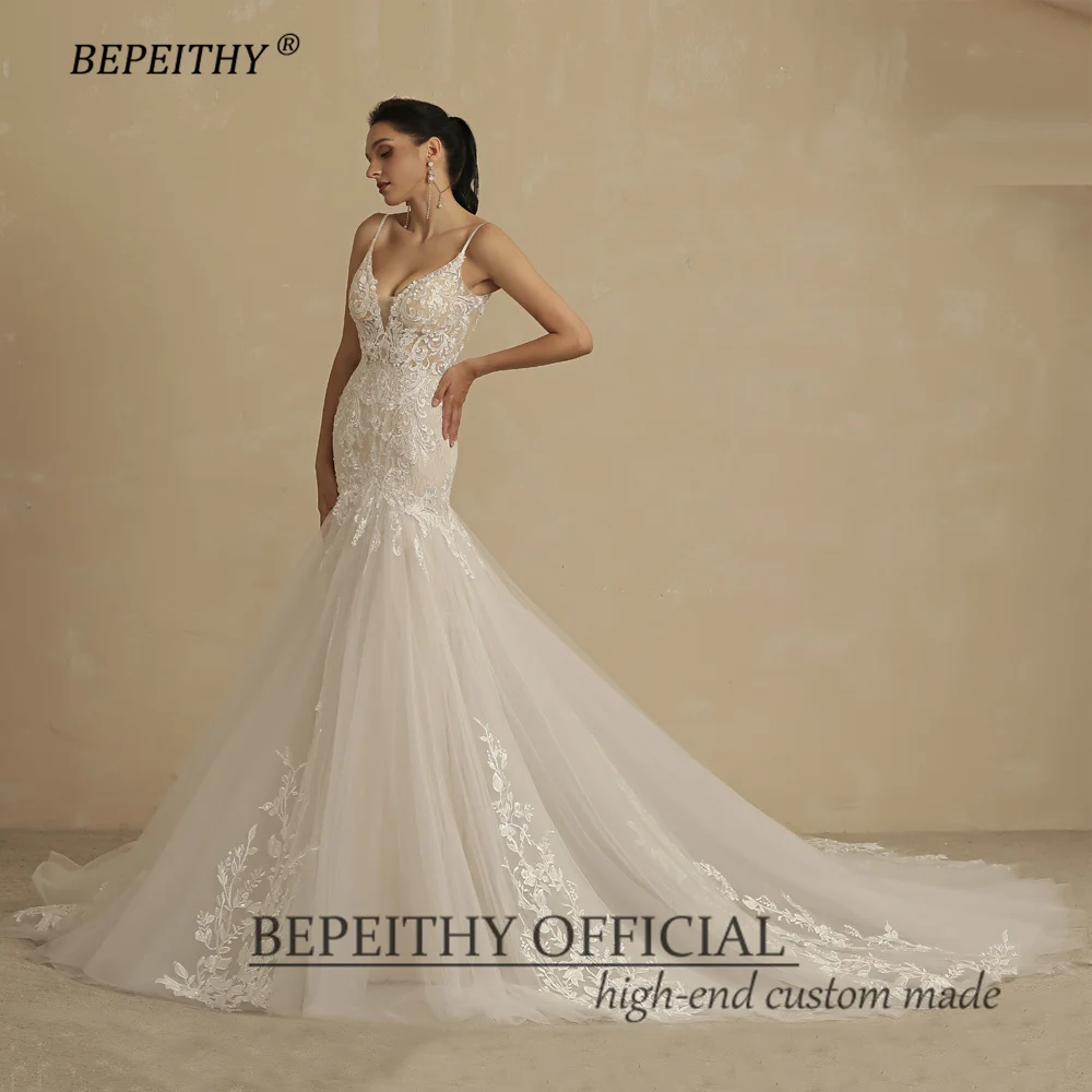 BEPEITHY Sexy Backless Trumpet Lace Wedding Dresses For Women 2022 Bride V Neck Sleeveless Ivory Summer Mermaid Bridal Gown