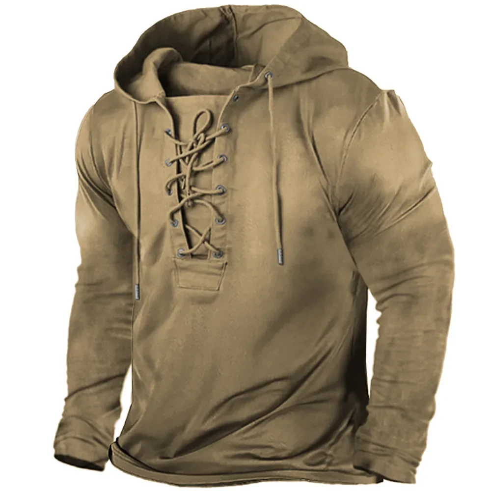Men's Summer Tactical Long Sleeve T-Shirt Outdoor Retro Lace Up Hooded Cool Tops Plus Size Printed Hiking Fishing Hoodie Men