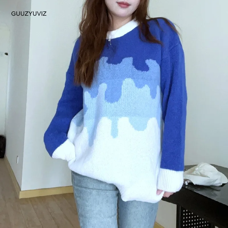 

GUUZYUVIZ 2023 Autumn/Winter Gradient Sweater Women's Long Sleeve Contrast Knit Pullover Top