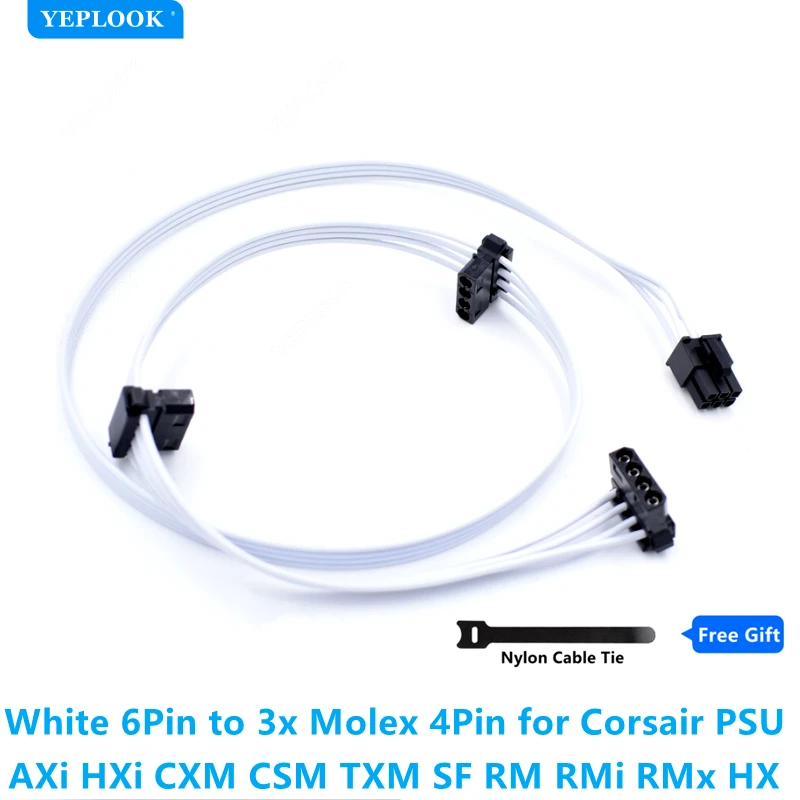 

White Corsair 6Pin to 3 Molex IDE Perif Pata 4Pin Fan Power Cable for Type 3&4 Modular PSU AXi HXi RM CXM CSM TXM SF RMi RMx HX