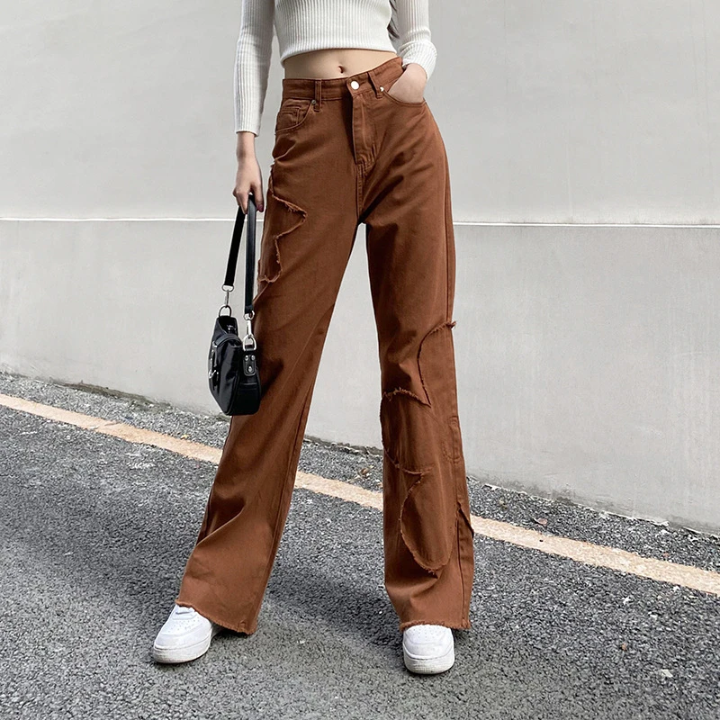 JMPRS Fashion Patchwork Women Jeans Brown Y2K High Waist Cotton Denim Pants Streetwear Baggy Cargo Wide Leg Jeans 90s Trousers stacked jeans