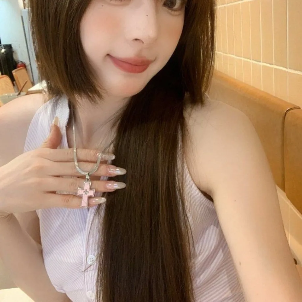 Gothic Cute Y2K Pink Drip Oil Cross Necklace for Women Punk Flat Snake Bone Chain Necklace  Jewelry Acssesories