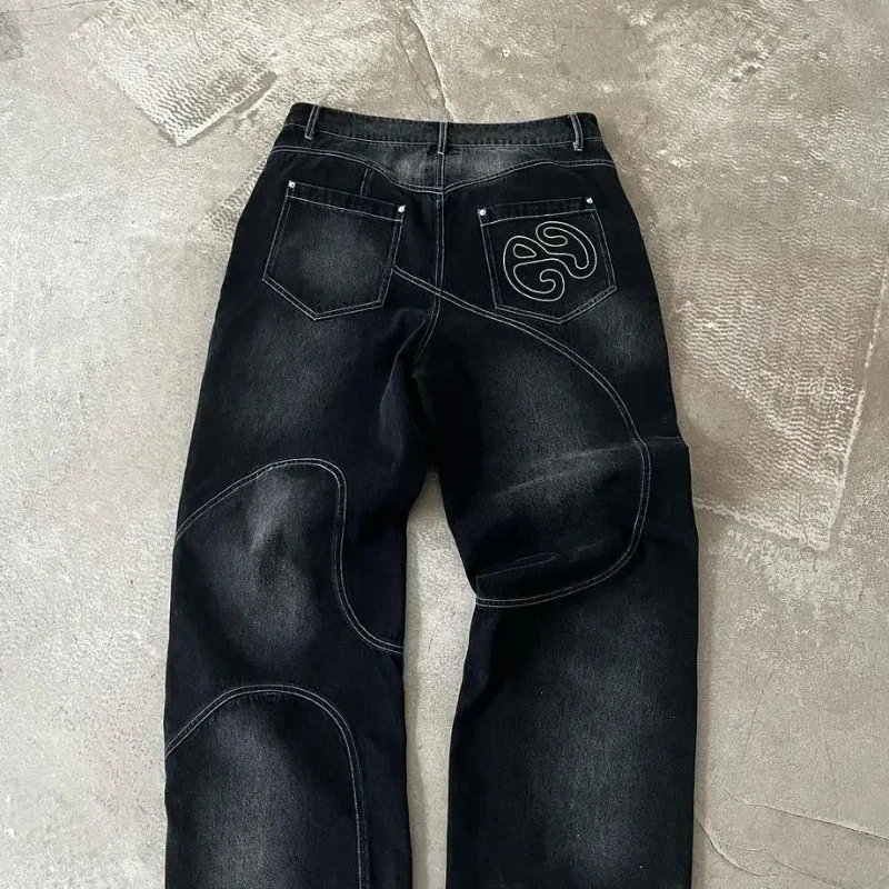 Street washed punk vintage men patchwork jeans Y2K fashionable loose fitting Gothic high waisted Harajuku straight leg pants 3