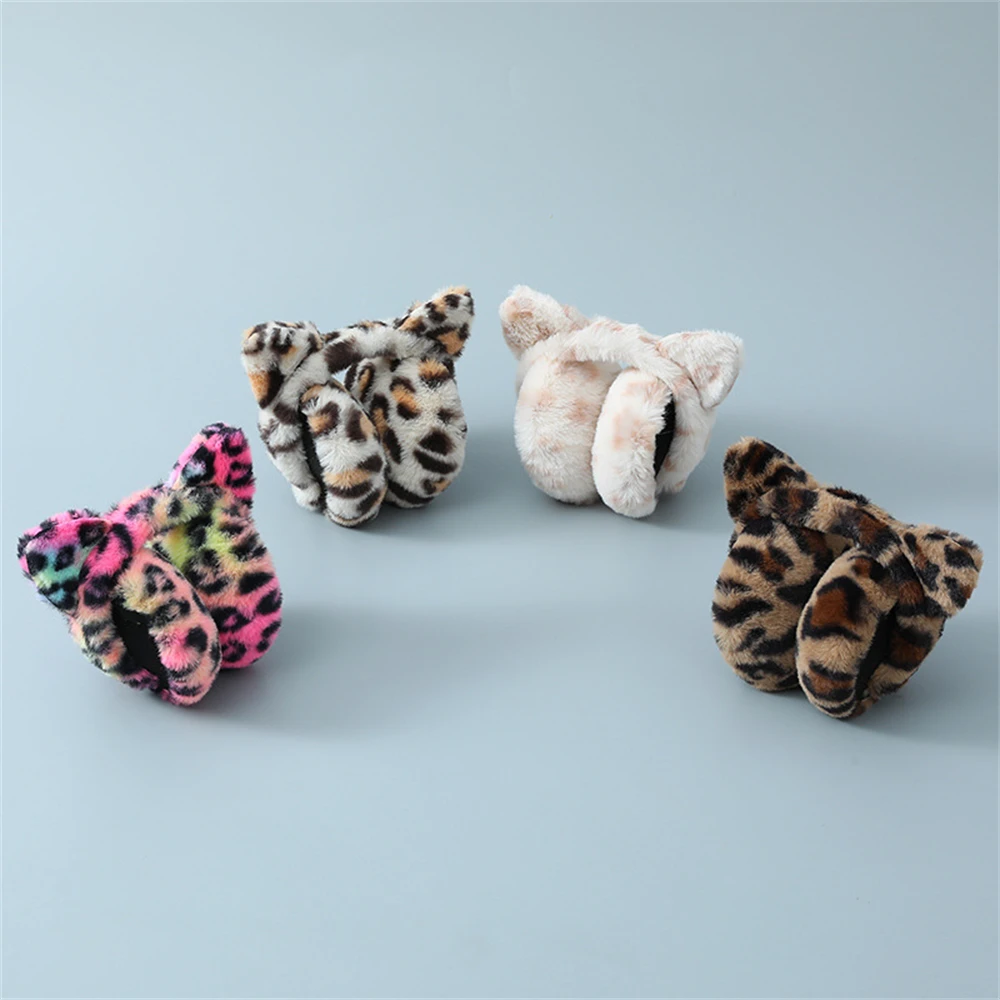 Leopard Foldable Leopard Print Earmuffs Winter Warm Thickened Ear Cover Women Windproof Frostproof Earlap Simple Plush Hairband