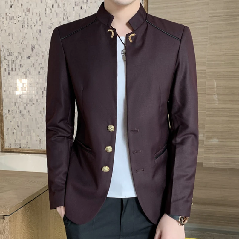 2023 Spring New Men's Fashion Button Decorative Blazer Coat Chinese Style Slim Fit Stand Collar Solid Color Suit Jacket 2