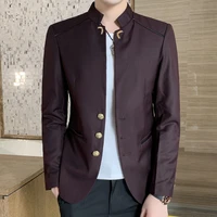 2023 Spring New Men's Fashion Button Decorative Blazer Coat Chinese Style Slim Fit Stand Collar Solid Color Suit Jacket 2