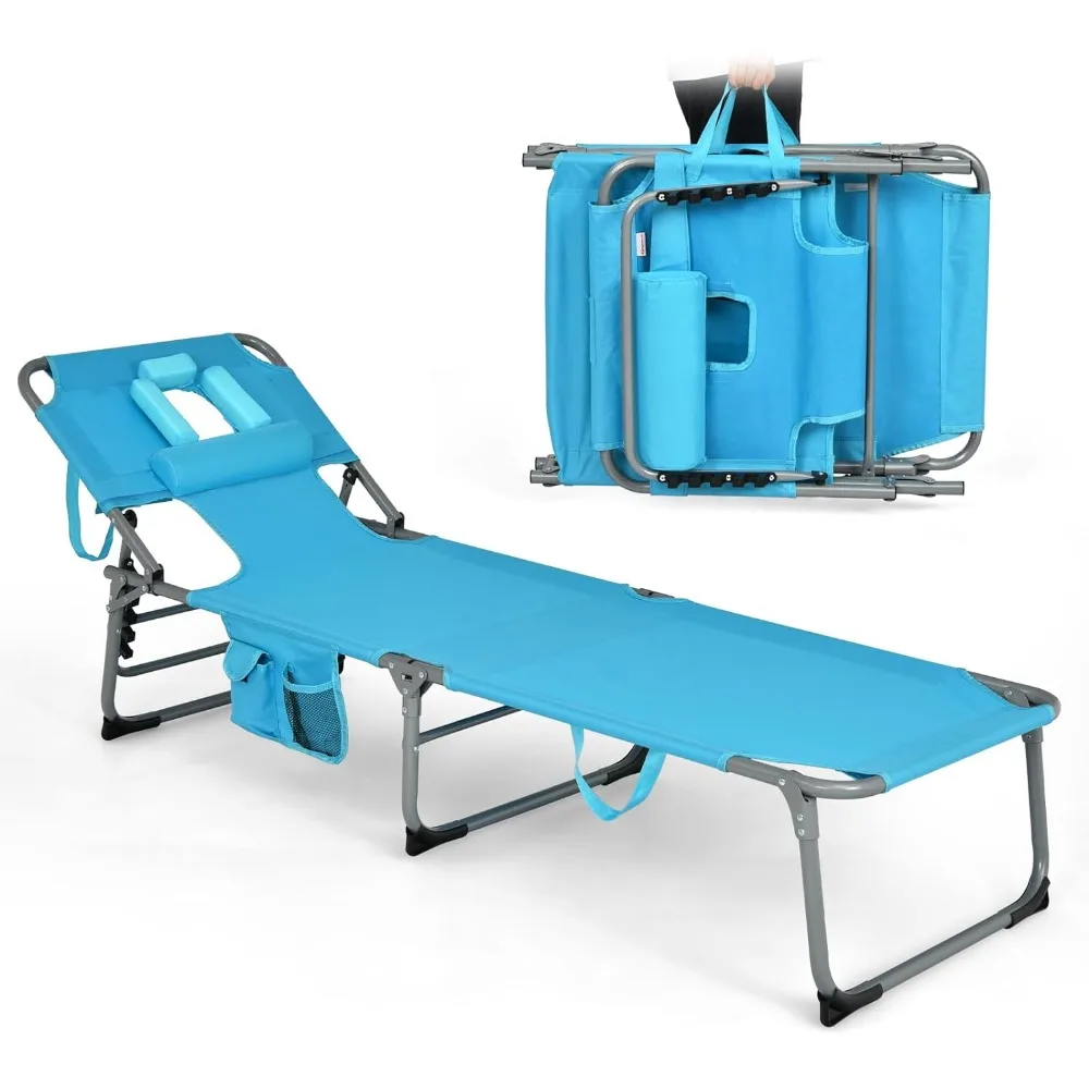Folding Adjustable Lounge Chair with Face Hole,330LBS,Carry Strap,Outdoor Sunbathing, Portable Beach Lounge chair(1, Sky Blue)
