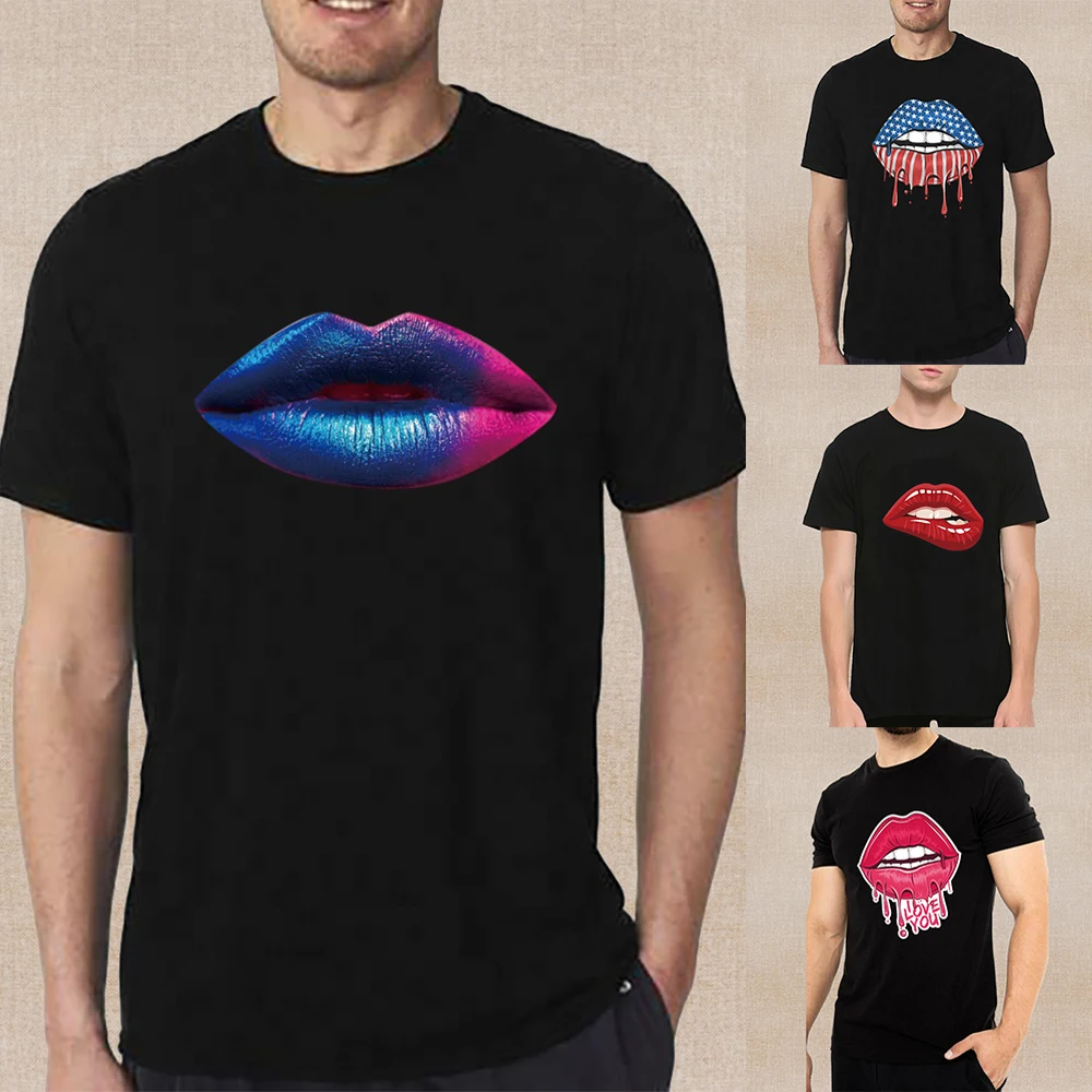 

T-shirts 2023 Summer Style Short Sleeve Fashion Mouth Pattern Print Hip Hop Tee O-Neck Top Men's Short Sleeve Black Pullover Men