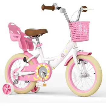 Girls' 12-16 Inch Bike with Training Wheels, Doll Seat, Basket, and Adjustable Seat for Ages 2-9