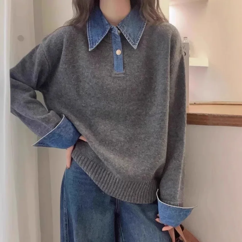 Women Denim Patchwork Knitted Sweater Autumn Winter