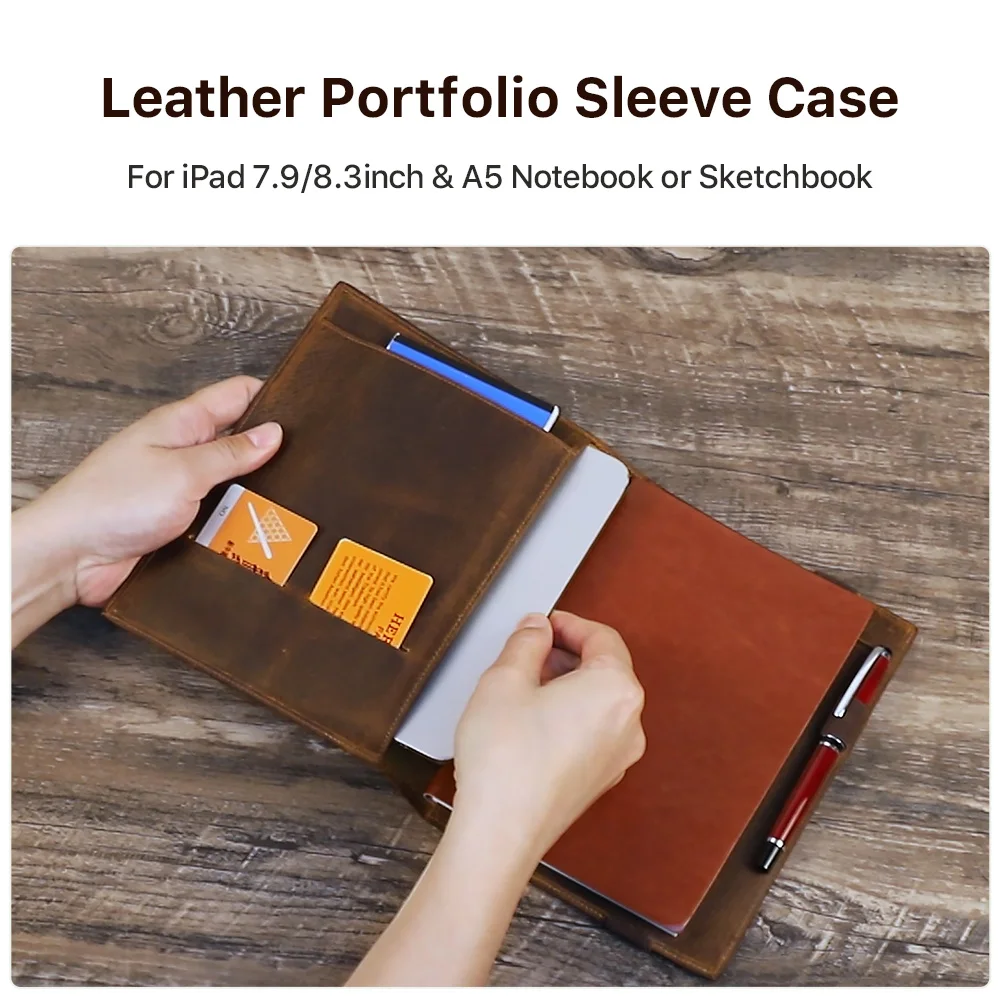 Leather Folder Vintage Cowhide Notebook Portfolio iPad Mini PC Folder B5 Documents Book Cover Business Stationery