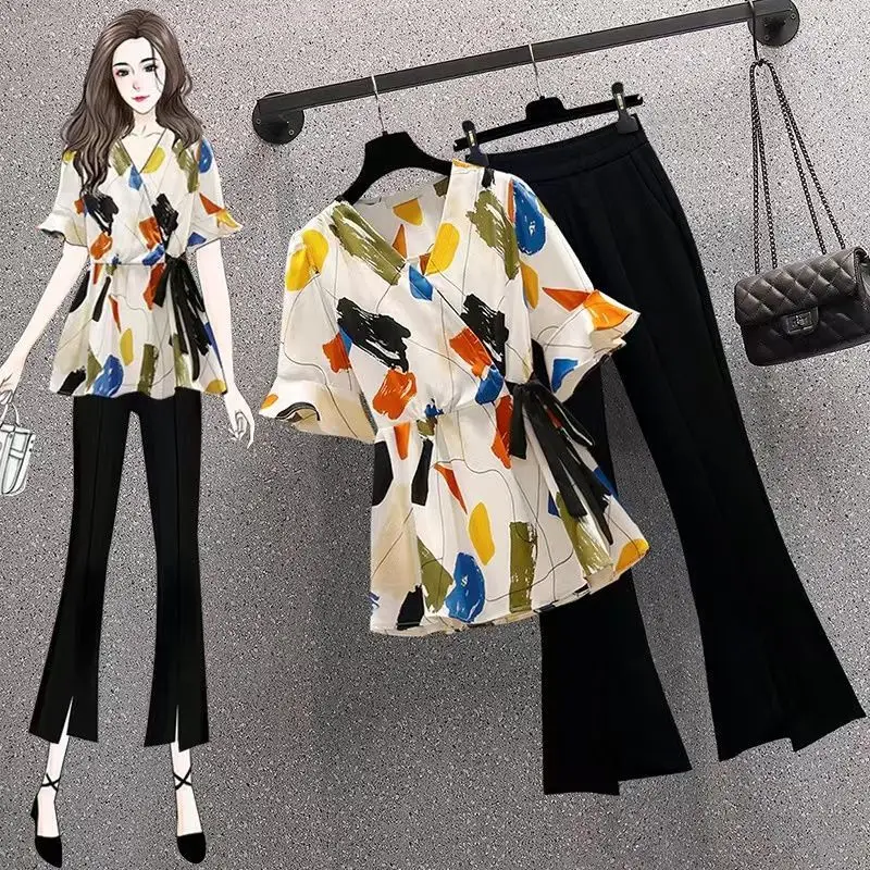 2024 Oversized Women's Clothing Set, Women's Summer Westernization, Flesh Shielding, Slimming Shirt Cropped Pants, Two-piece Set