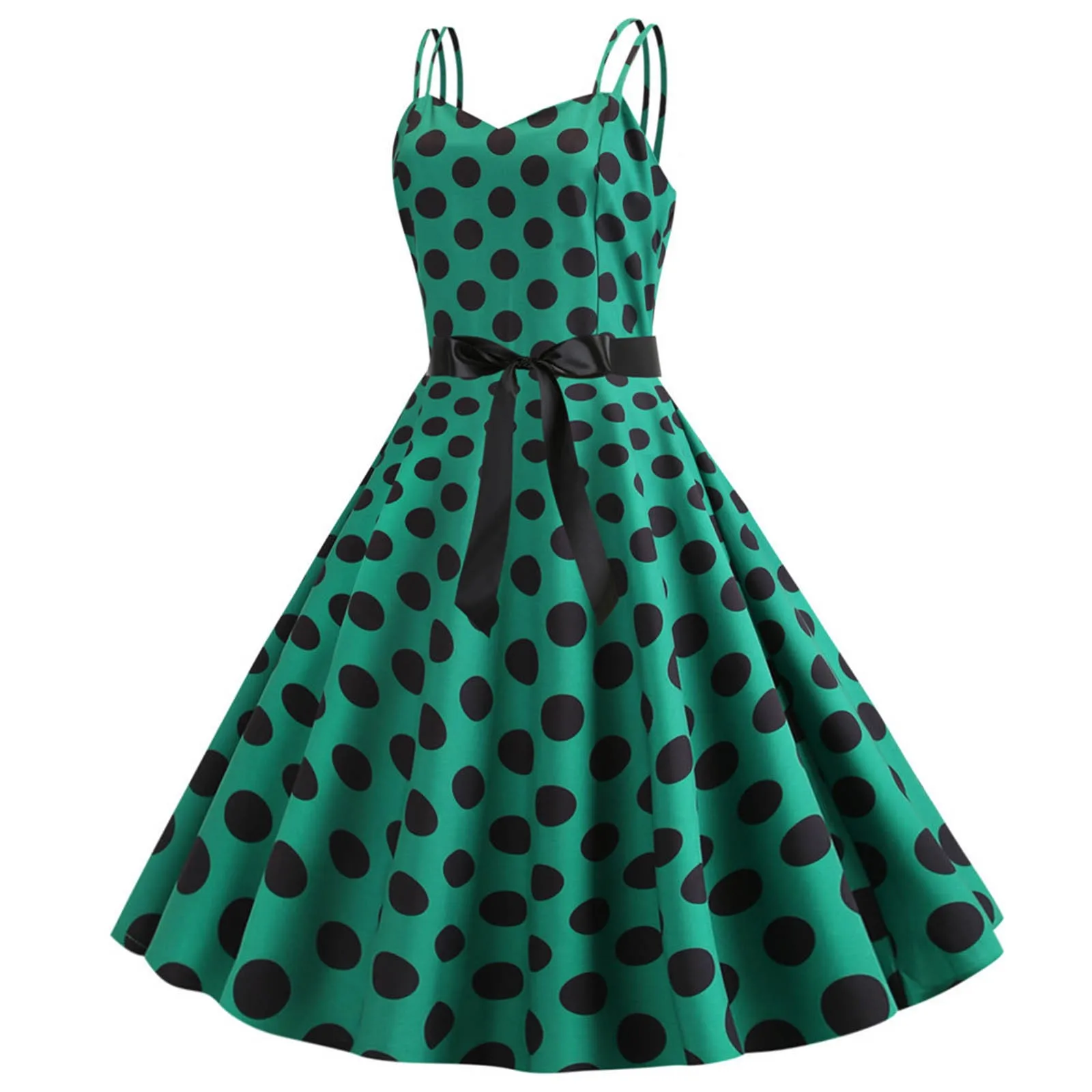 

2024 Women Summer Dress Polka Dot Print Party Robe Femme Vintage 50s 60s Spaghetti Strap Big Swing Prom Rockabilly Midi Dresses