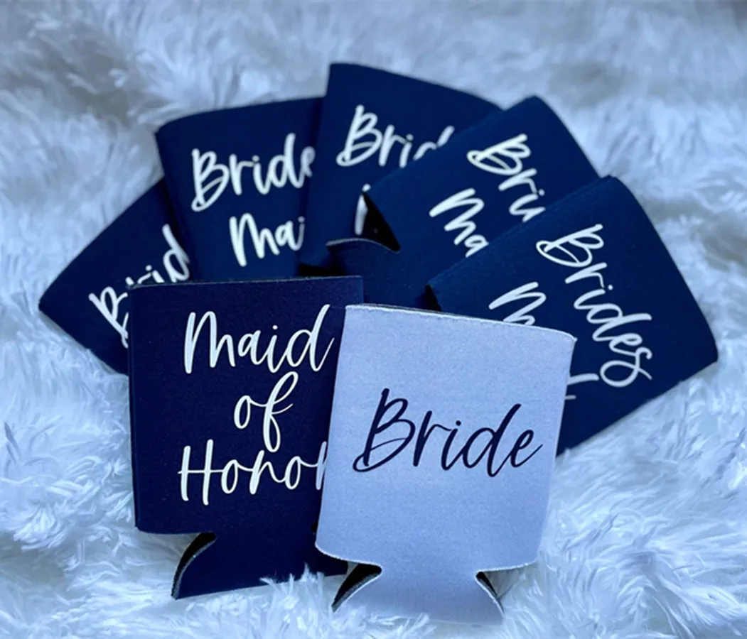 

Navy Blue Personalized Bridesmaid Proposal Can Cooler, Bridesmaid, Maid or Matron of Honor Beer Hugger, Bridal Party Stubby Hold